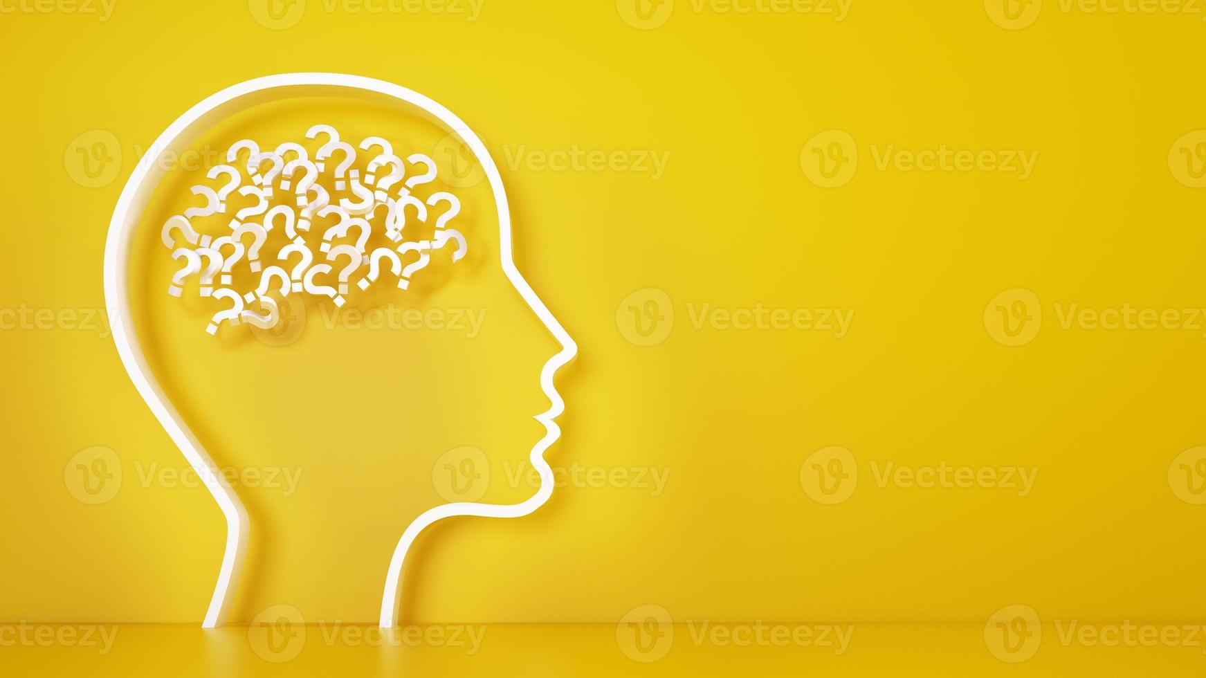 Big head with question marks inside brain on a yellow background. 3D Rendering photo