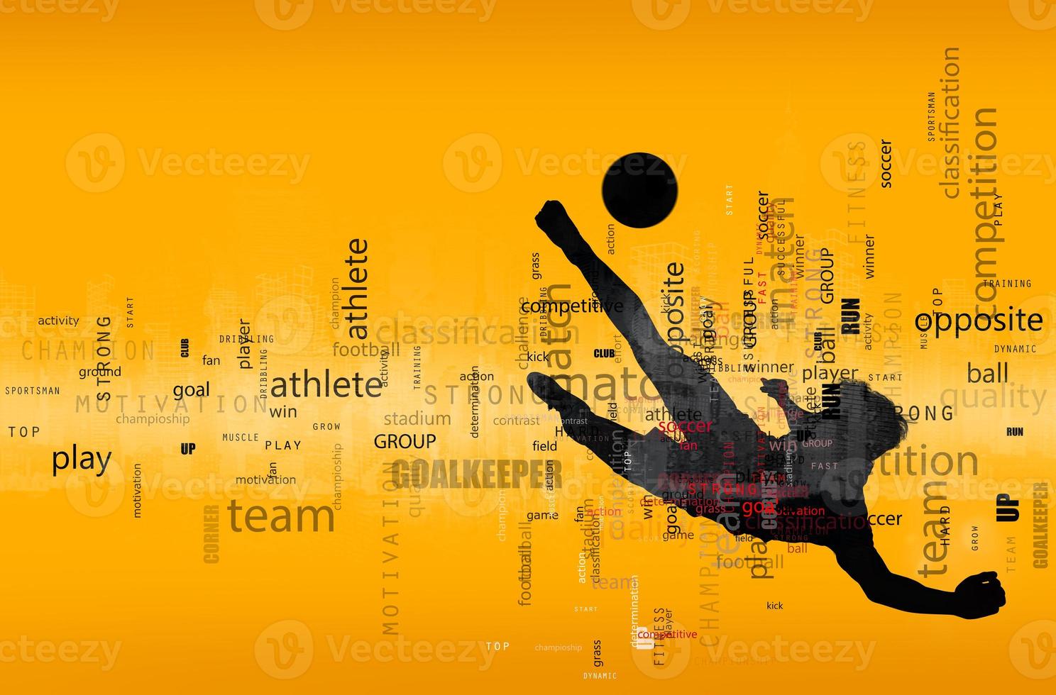 Football scene of a soccer player silhouette in action. Text effect in overlay with the most used terms. Abstract background photo