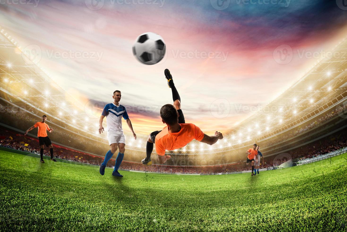 Soccer striker hits the ball with an acrobatic bicycle kick. 3D Rendering photo