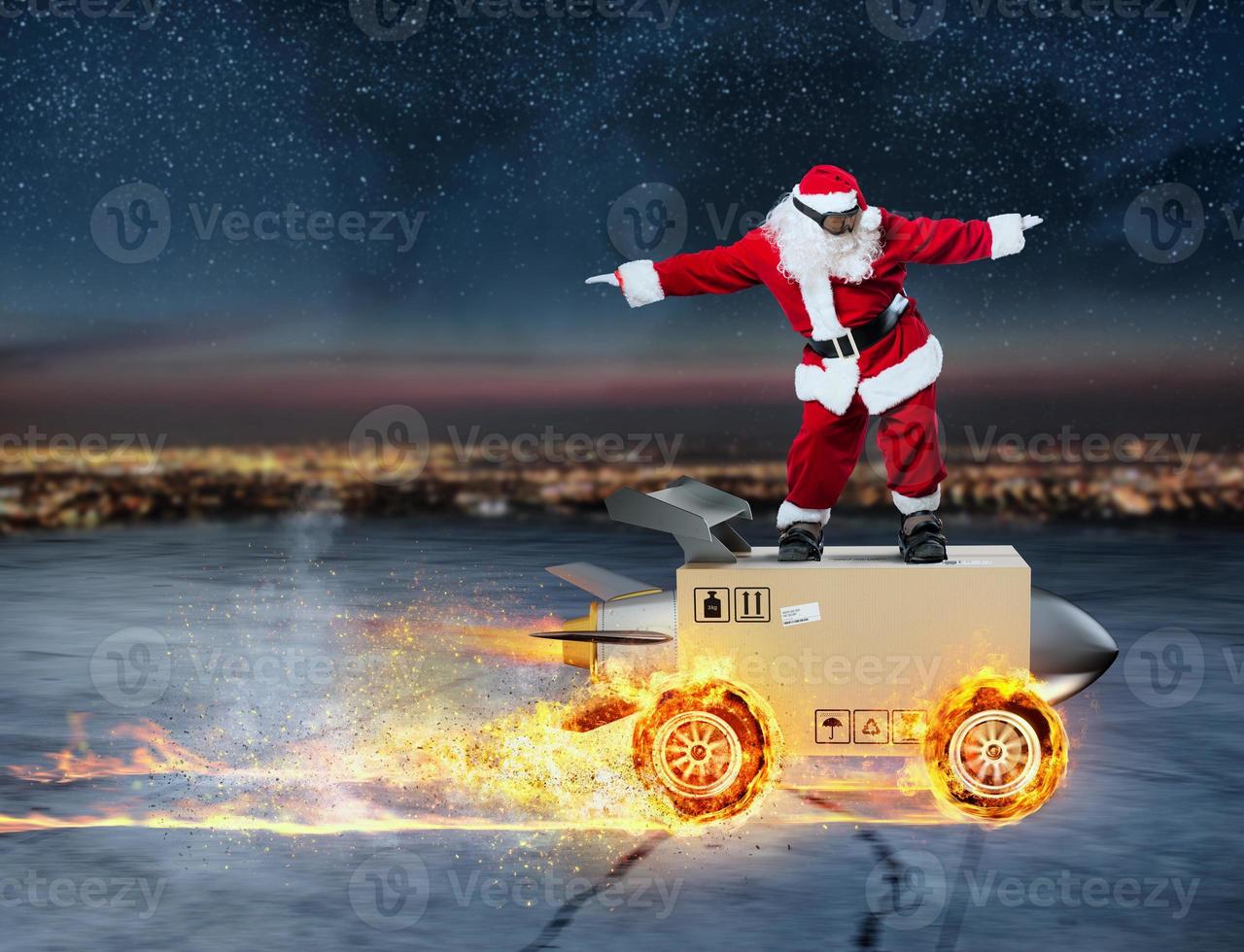 Sants Claus and super fast delivery of package service with box like a rocket. photo