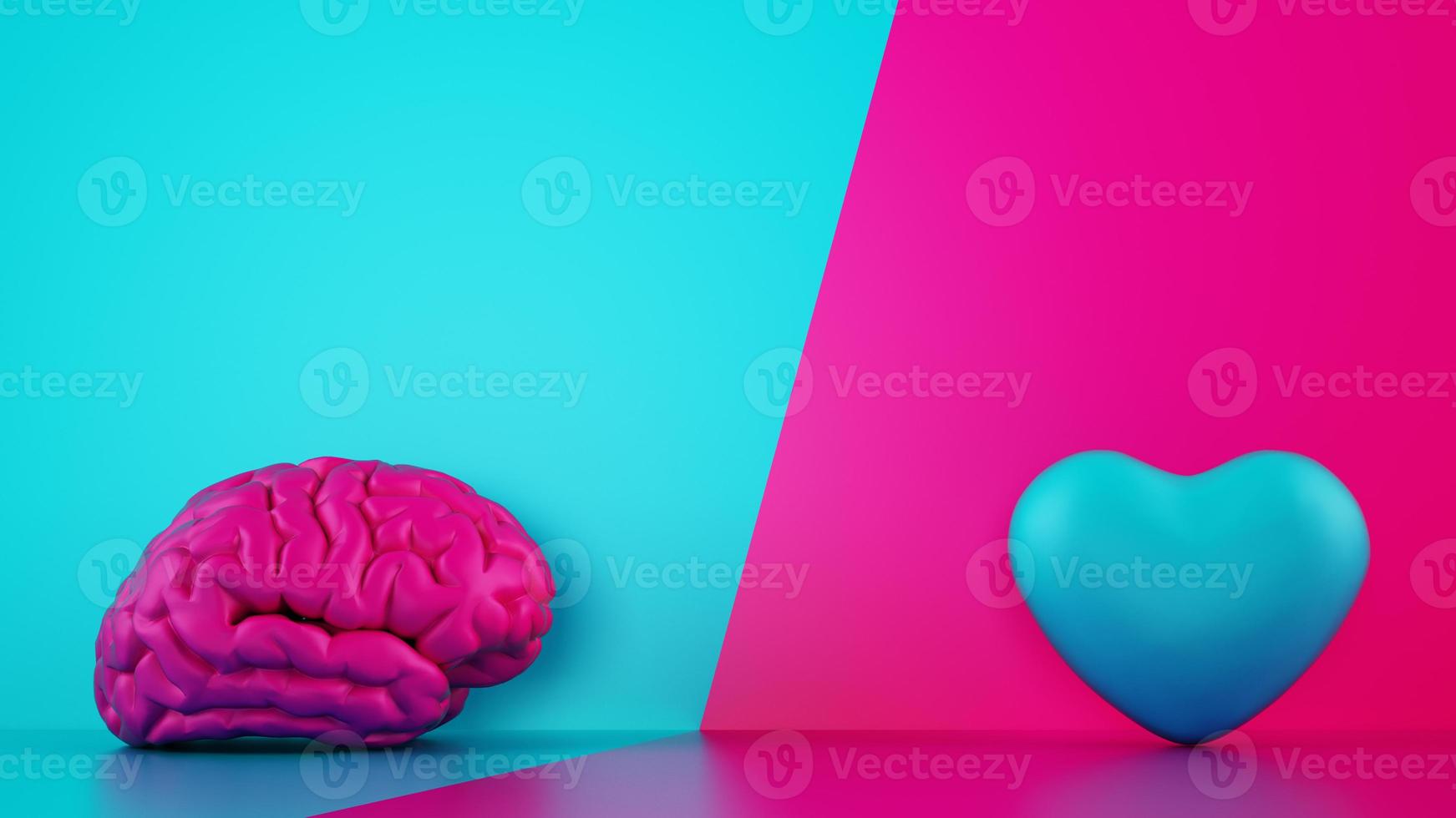 Comparison between reason and feeling. Brain and heart on a two tone background. 3D Rendering photo