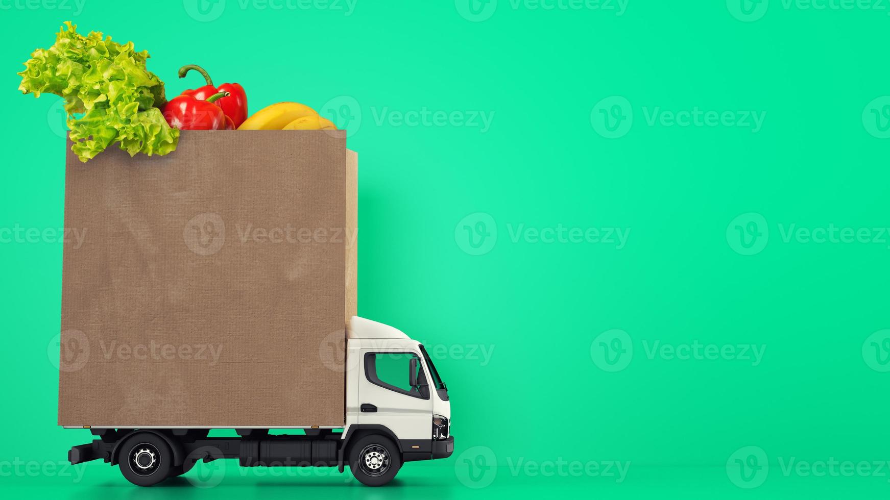 Delivery of the grocery shopping bag at home with a van on green background. photo