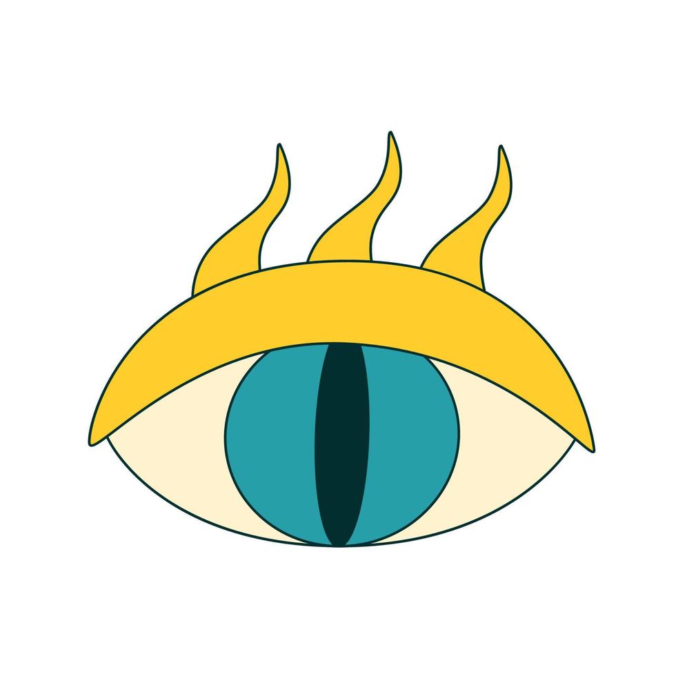 Magic abstract retro 1970 style eye icon. Vintage fantasy oval pupil eye with beams or flame lashes. Psychedelic trippy nostalgia social media sticker. Vector illustration.