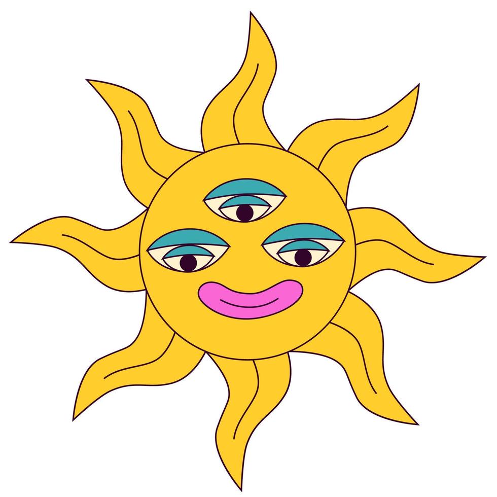 Abstract esoteric psychedelic sun icon. Trippy hippie 1970 style third eyes sun smile. Y2k lsd nostalgia sticker. Positive vintage vibe. Mystic and funky. For card flyer. Vector illustration.