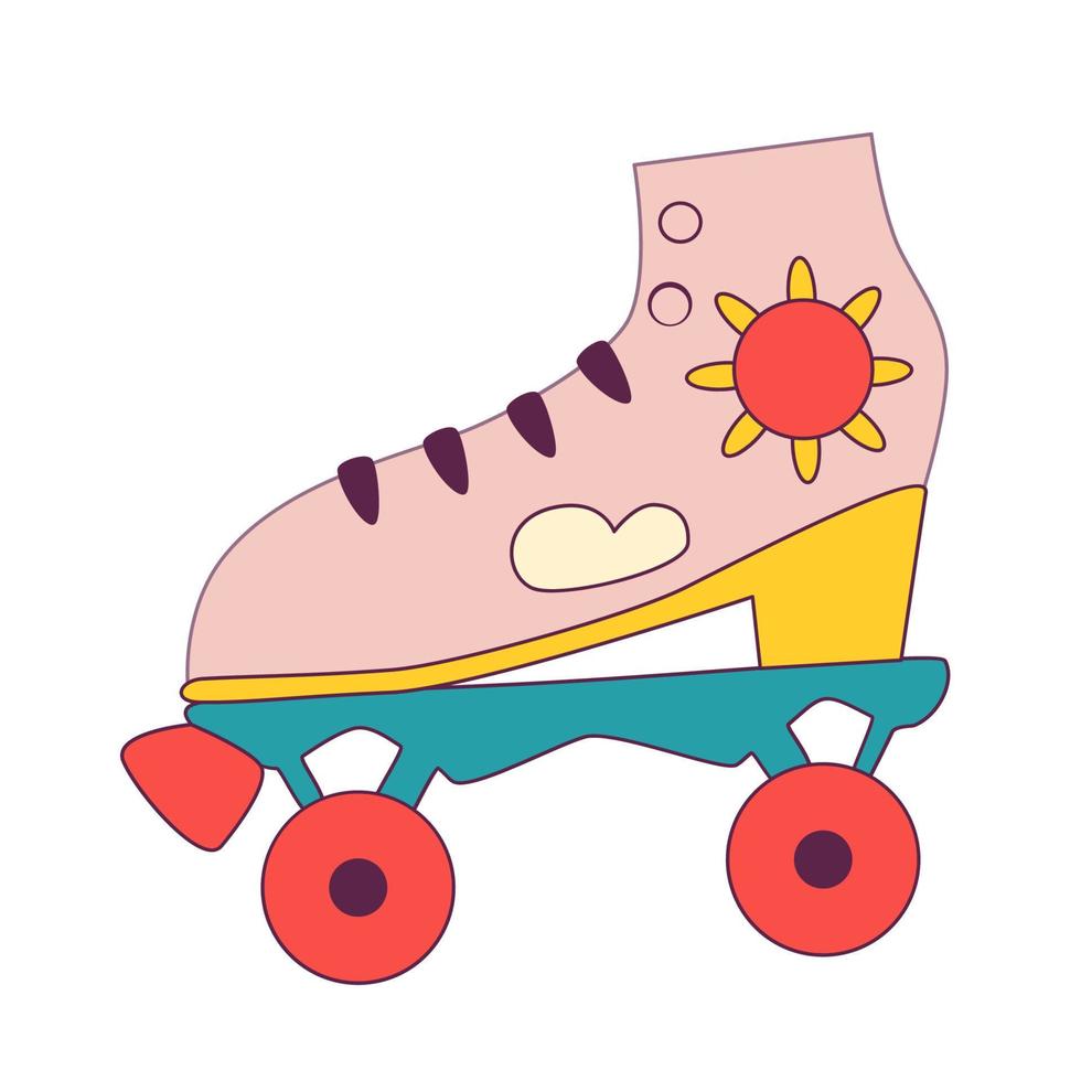 Retro roller skates icon patterned with sun and cloud. Vintage pink shoes in psychedelic 1970 style. Romantic activity vibe. Vector illustration.