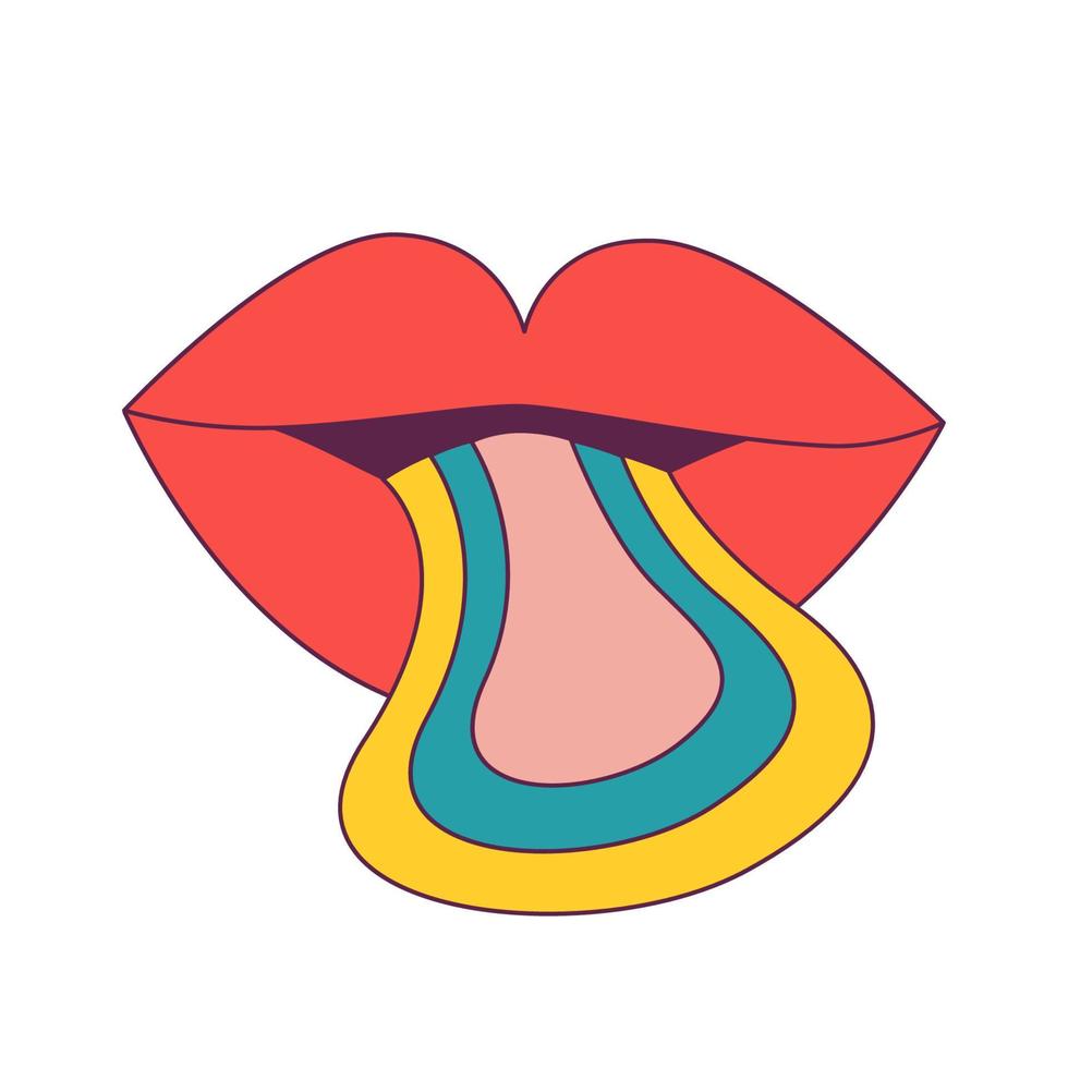 Red cartoon lips with protruding rainbow tongue. Retro groovy 1970 style, hippie vintage nostalgic icon. For card poster stickers. Vector illusytration.