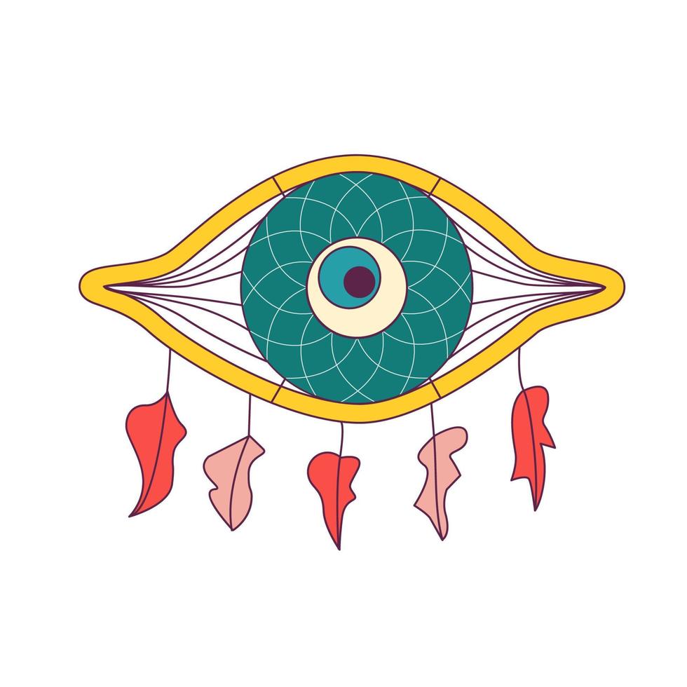Dream catcher eye shape decorated with feathers. Good luck fatima eye symbol. Retro hippie decoration. Hand drawn vector illustration.