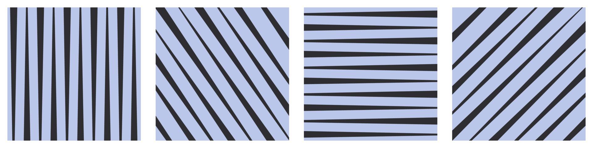Set of simple square patterns from unstable width strips. Horizontal vertical and diagonal lines background. Minimalistic templates. Vector illustration.