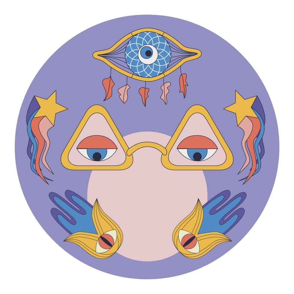 Psychedelic 1970 vibe round cover for box, bottle. Mystic unearthly trippy retro design with text space. Shooting stars, magic eye glasses, dream catcher and fatima hand elements. Vector illustration.
