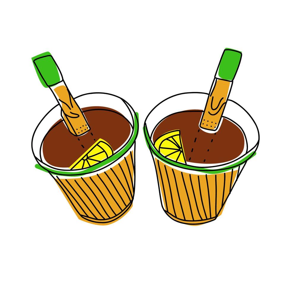 Doodle tea in biodegradable paper cup. Teabags and peace of lemon. Hot drinks to go. Take away couple of corrugated tea cup. Outline simple hand drawn icon. Vector illustration.