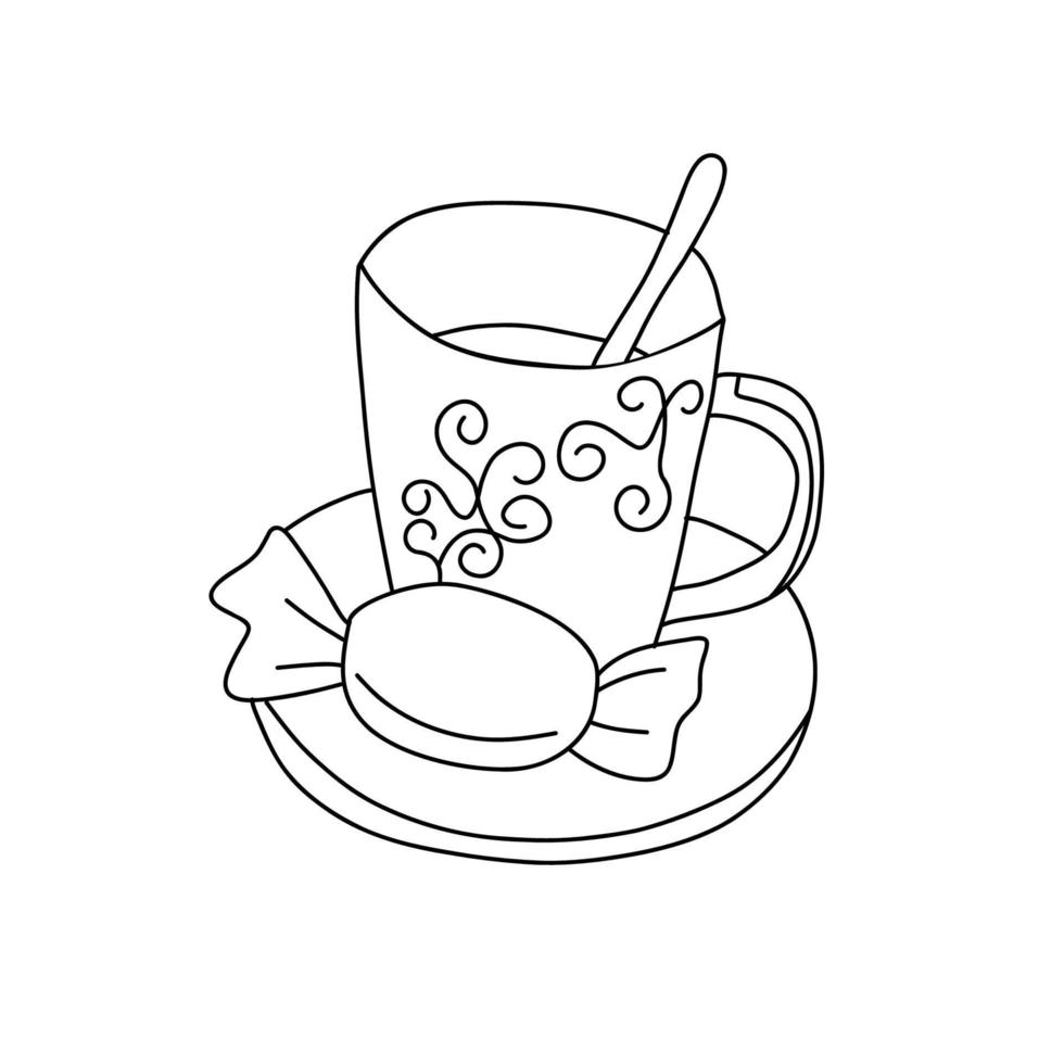 Coffee or tea patterned cup spoon inside on saucer, sweet. Hand drawn outline doodle icon. Sketch for menu flyer card infographic isolated on white background. Vector illustration.