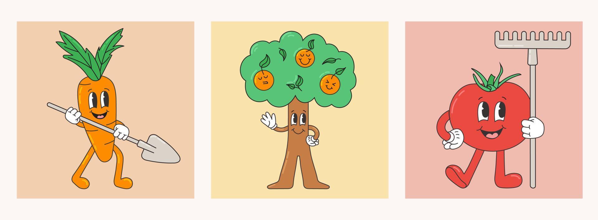 Set with garden characters, plants in trendy retro cartoon style. Tree with orange fruits with different facial expressions. Carrot with a shovel. Tomato is holding a rake. vector