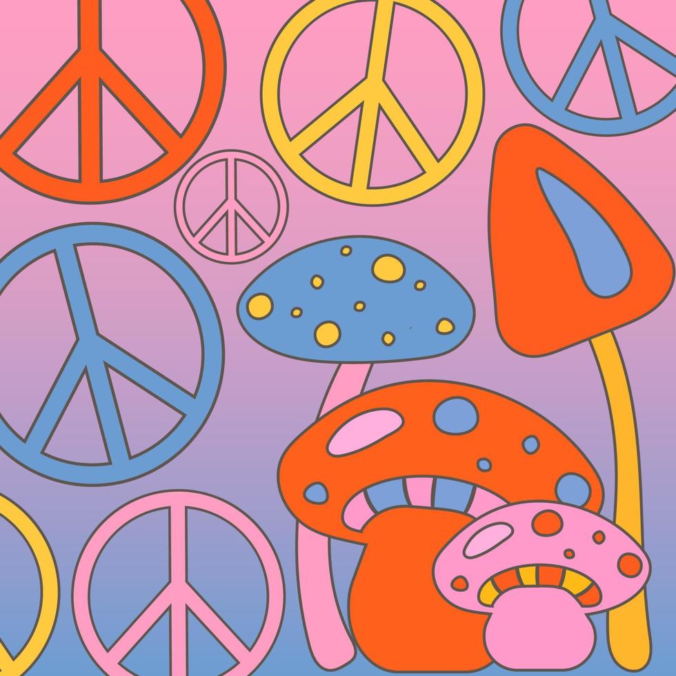Sticker, postcard, icon with different colored mushrooms with a dark stroke and peace signs in hippie style vector