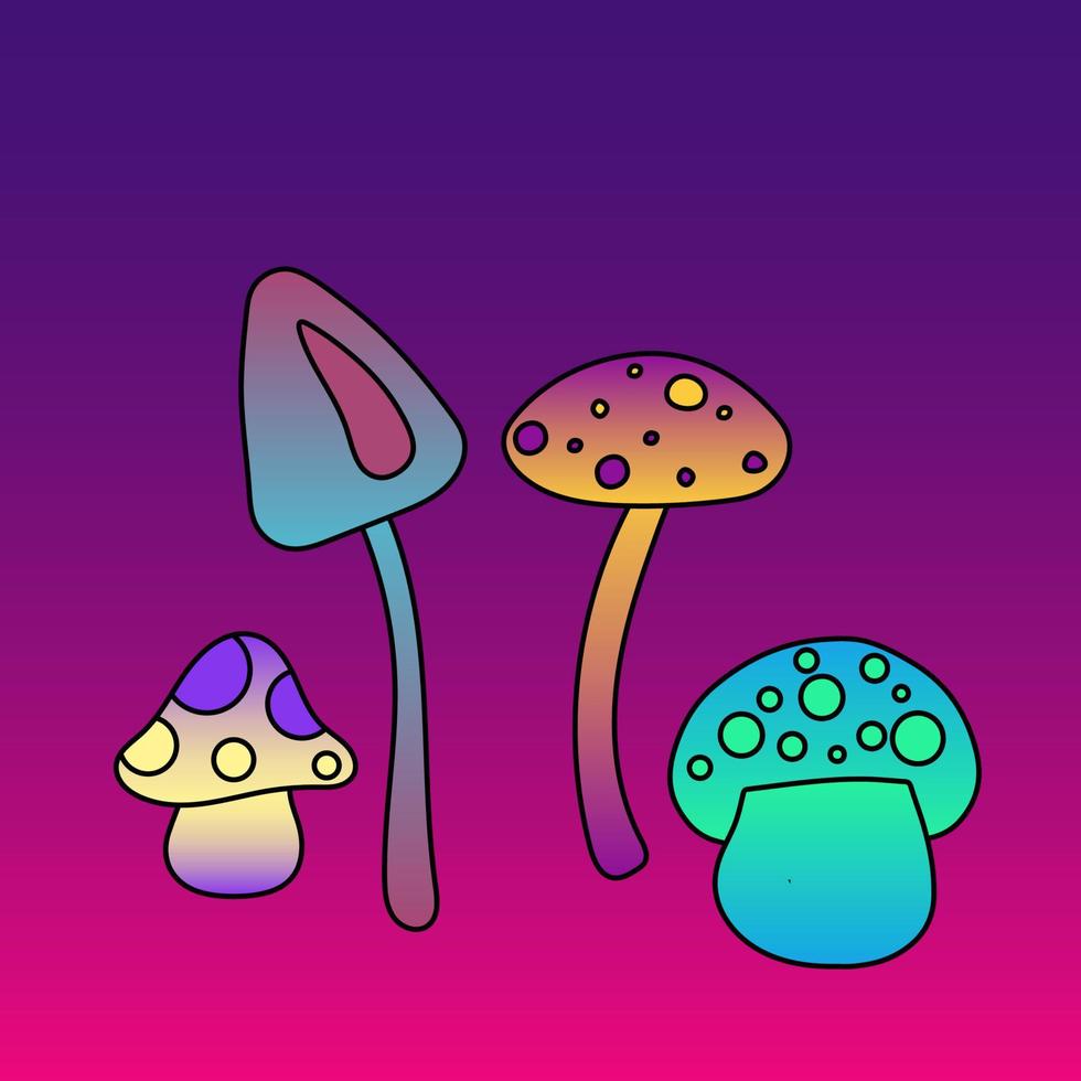Sticker, postcard, icon with neon gradient hand drawn mushrooms in hippie style vector