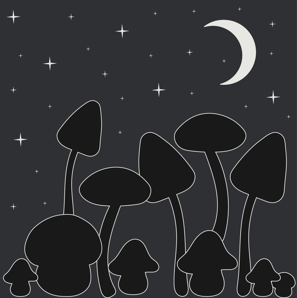 Sticker, postcard, icon with white one line mushrooms on dark background with moon and stars. vector