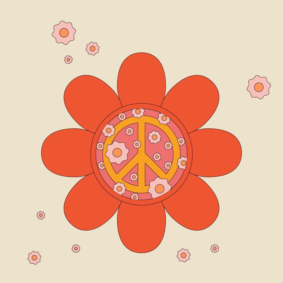 pegatina, icono con flor en hippie estilo con paz símbolos en beige antecedentes vector