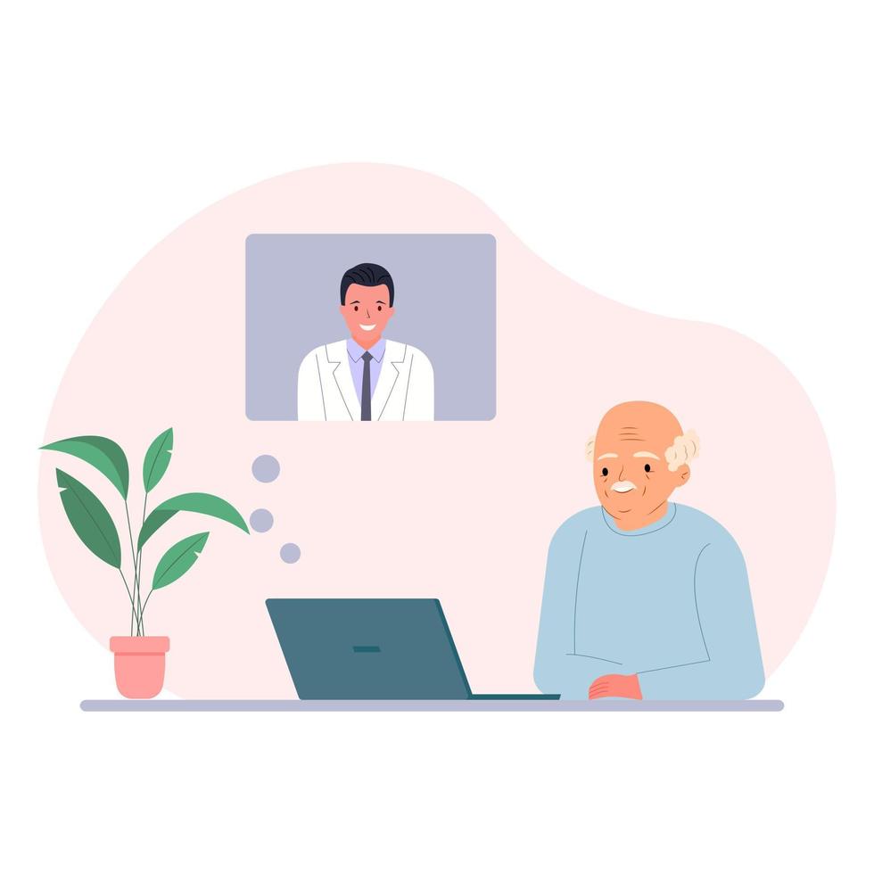 Elderly man consults with a doctor through video chat vector flat style cartoon illustration