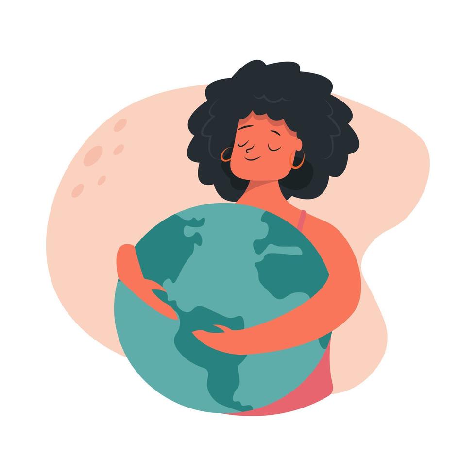 Vector the black girl holds a globe, the globe in her hands, the protection of nature, zero waste. ecology.