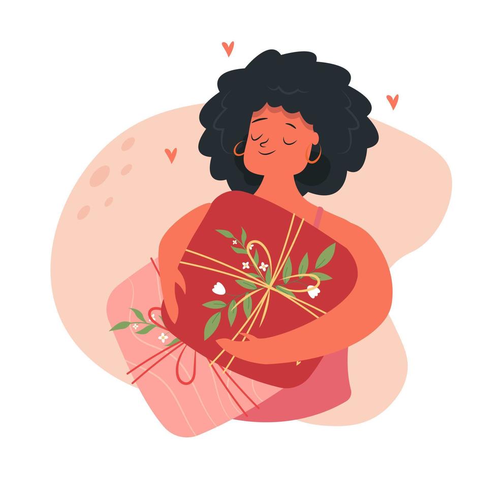 Vector happy woman holds a large gift box with a bow in his hands vector flat illustration