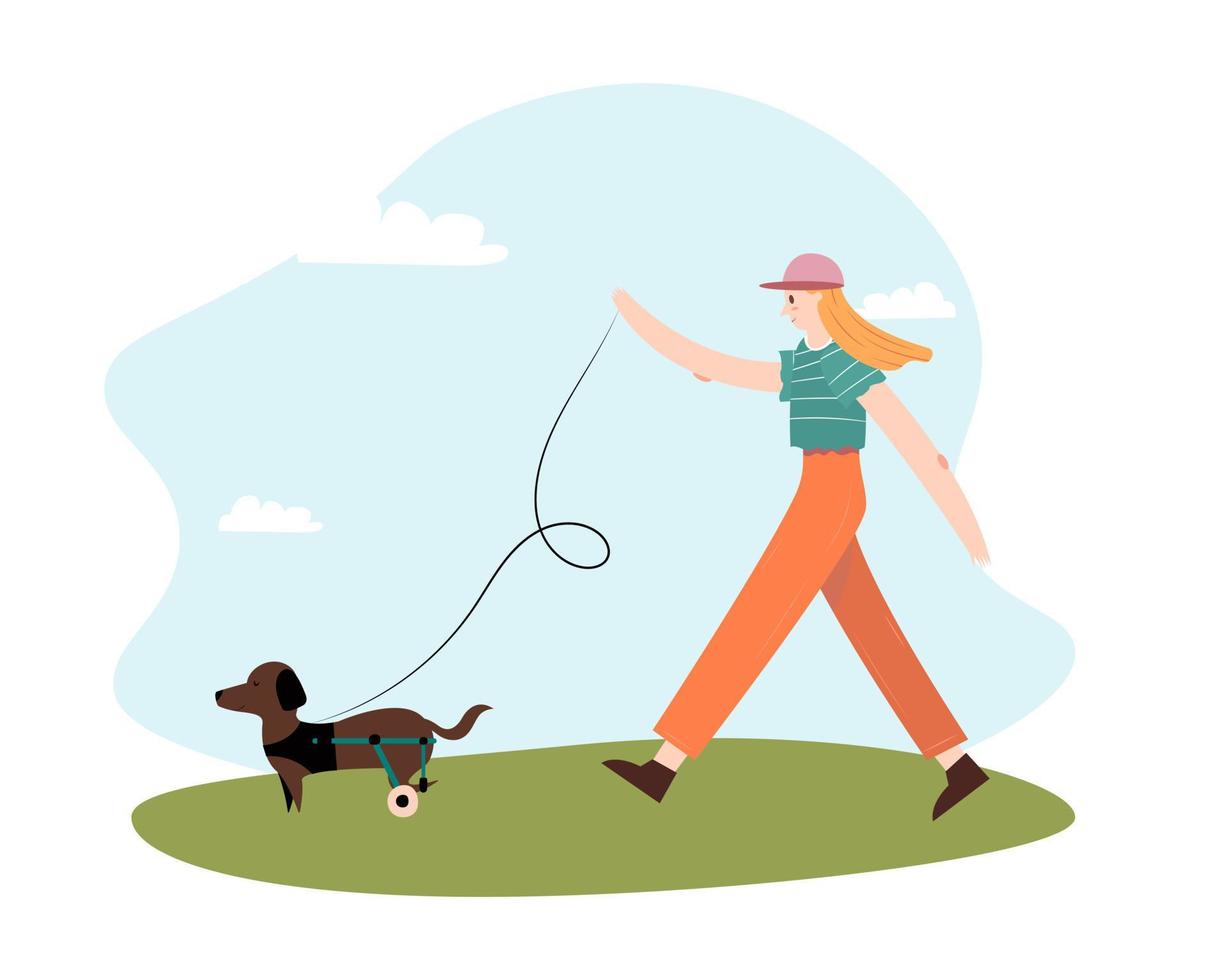 Vector girl with a dog in a wheelchair for the hind paws. illustration in a flat style