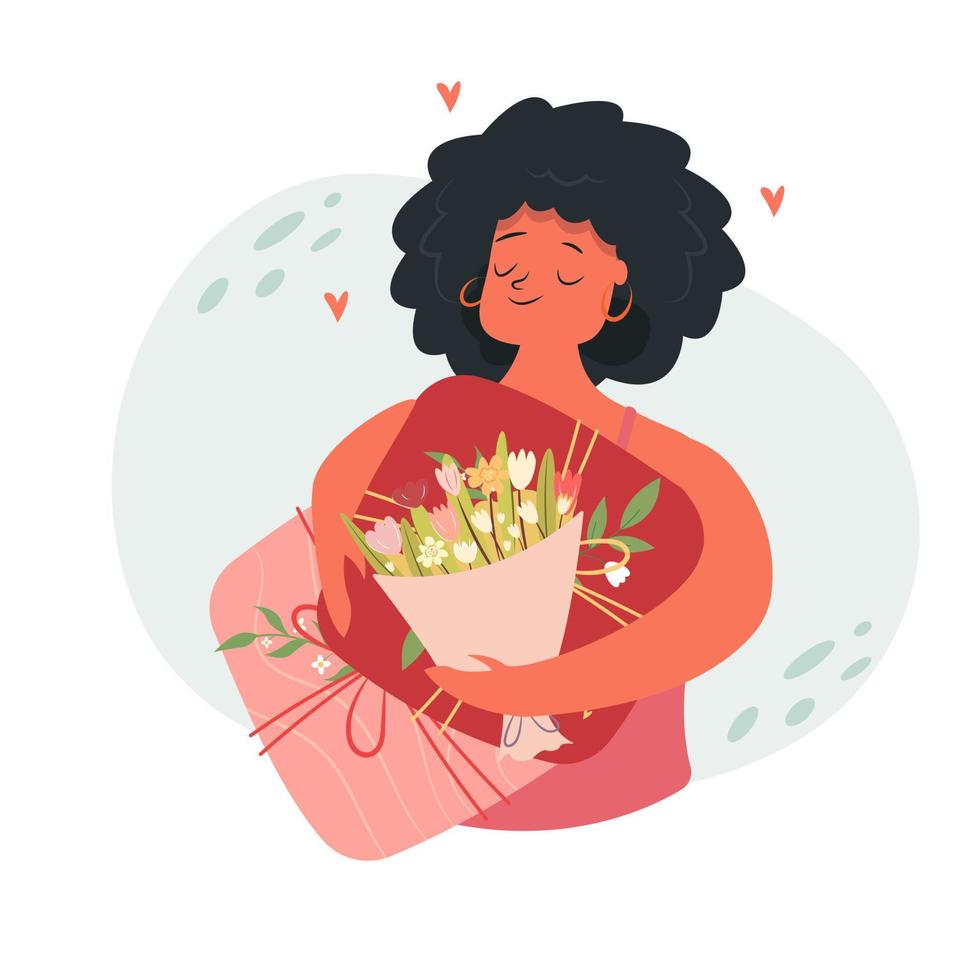 Vector happy woman holds flowers and a large gift box with a bow in his hands vector flat illustration