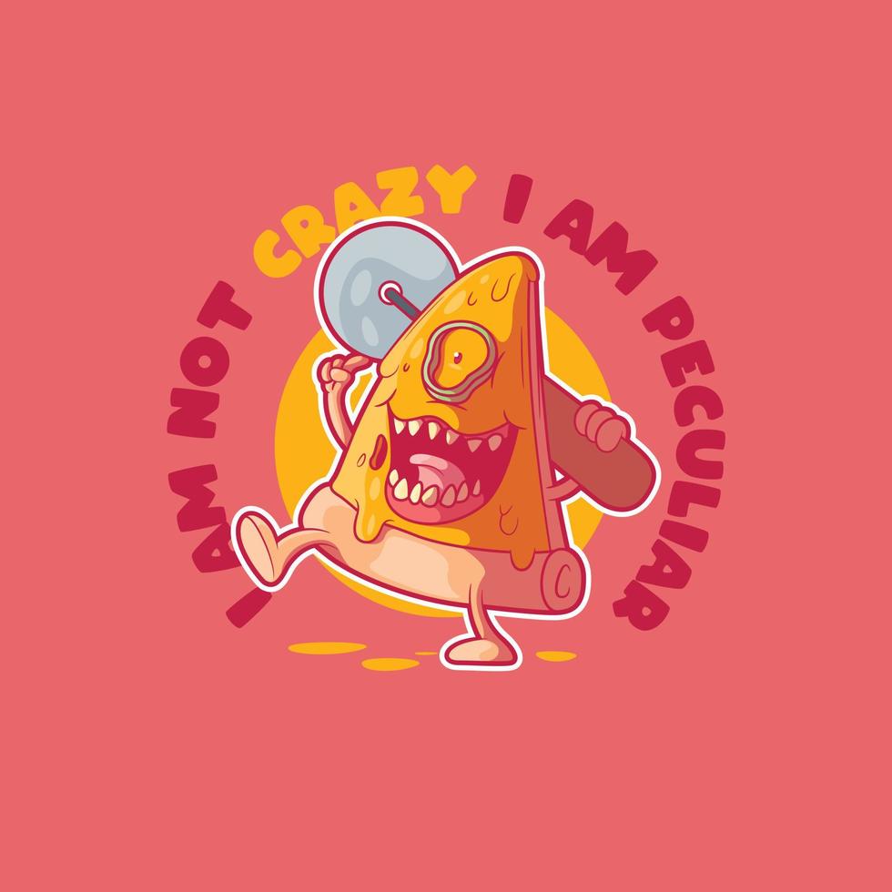 Crazy pizza slice character vector illustration. Funny, mascot, food design concept.