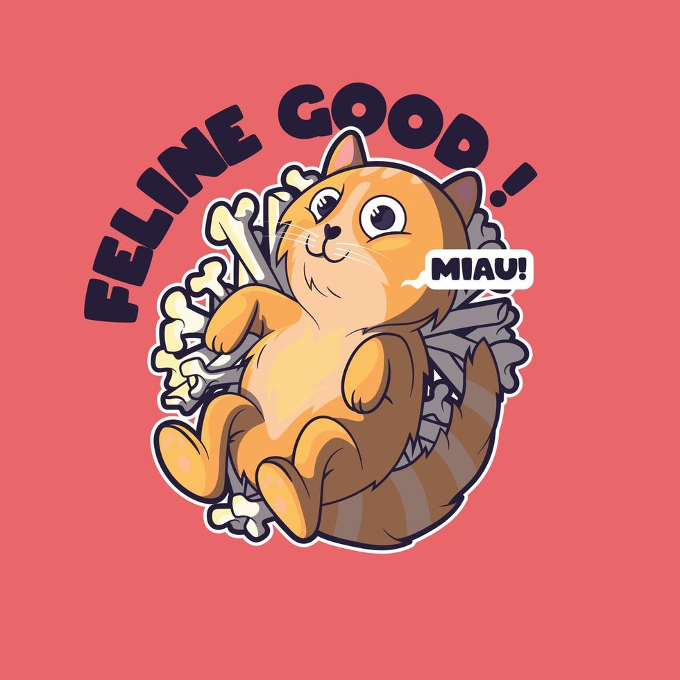 Cute cat laying on a pile of bones, a vector illustration. Funny, pet, pun design concept.