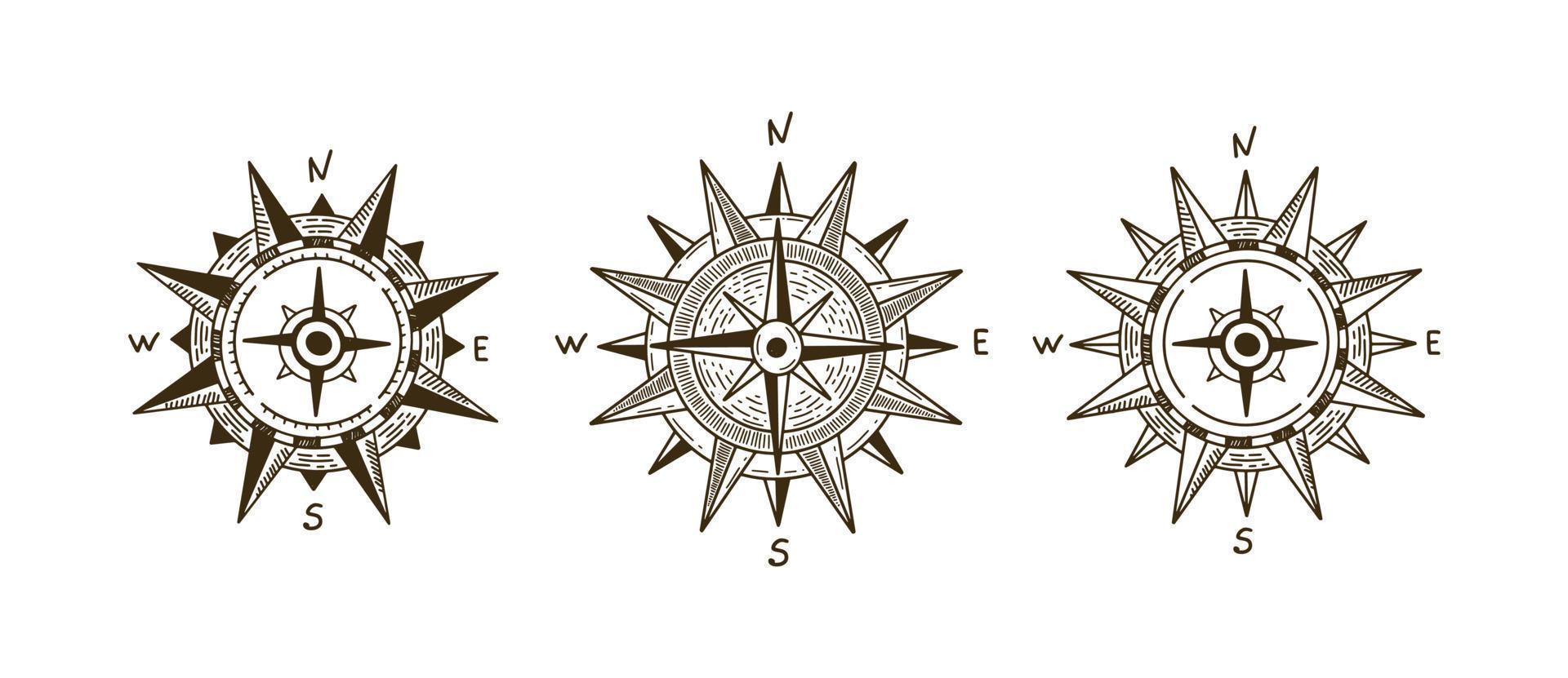 Compass Wind rose, set hand drawn Illustration vector