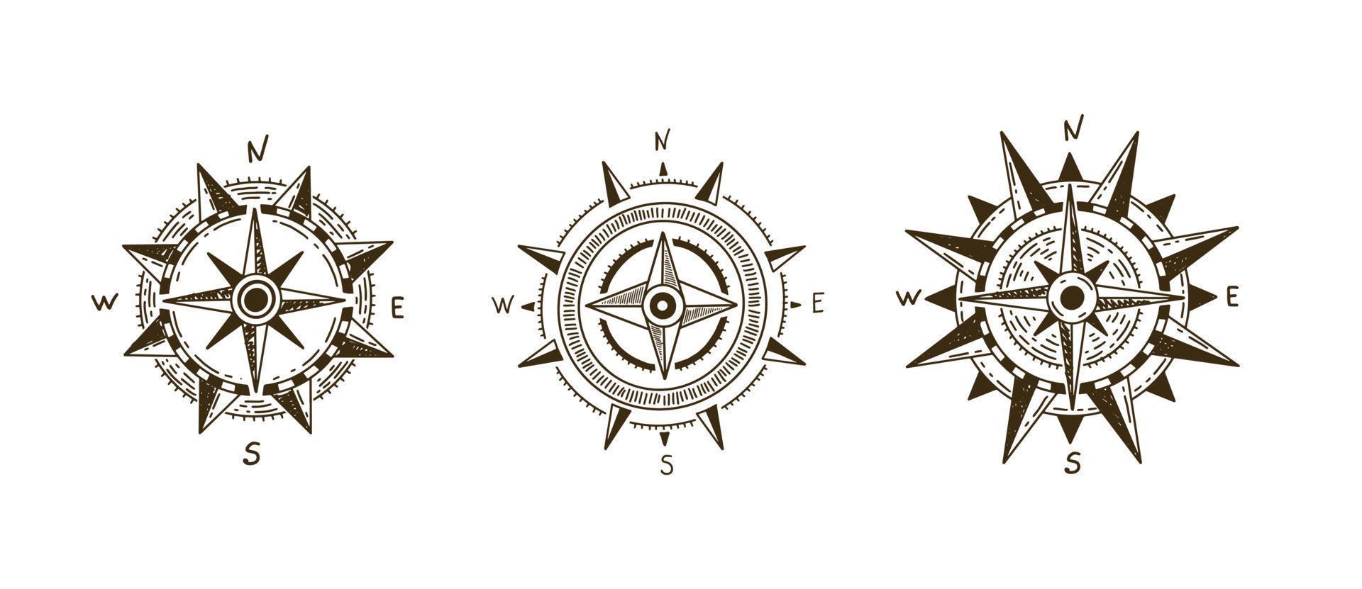 Compass Wind rose, set hand drawn Illustration vector