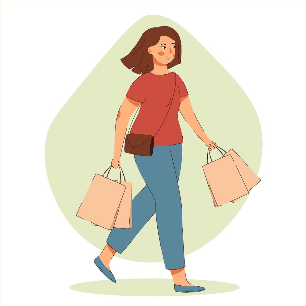 Young woman walking with shopping bag. Vector
