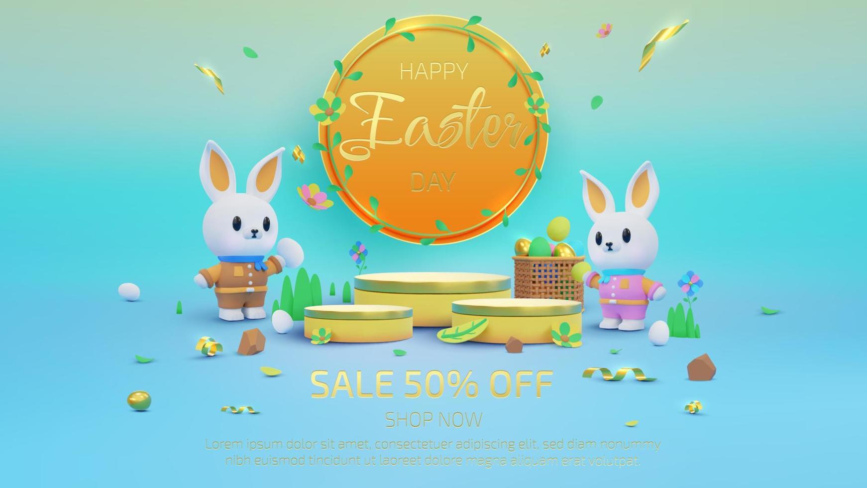 Colorful easter background with product display stand and two cute bunnies decorated with gold eggs and ribbons. Vector illustration.