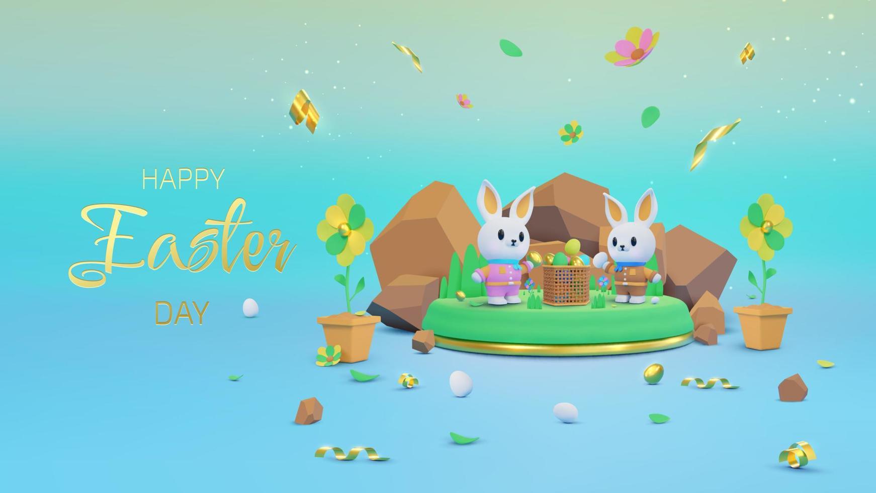 Colorful Easter background with two cute bunny elements standing on podium and decorated with flowers and eggs. vector