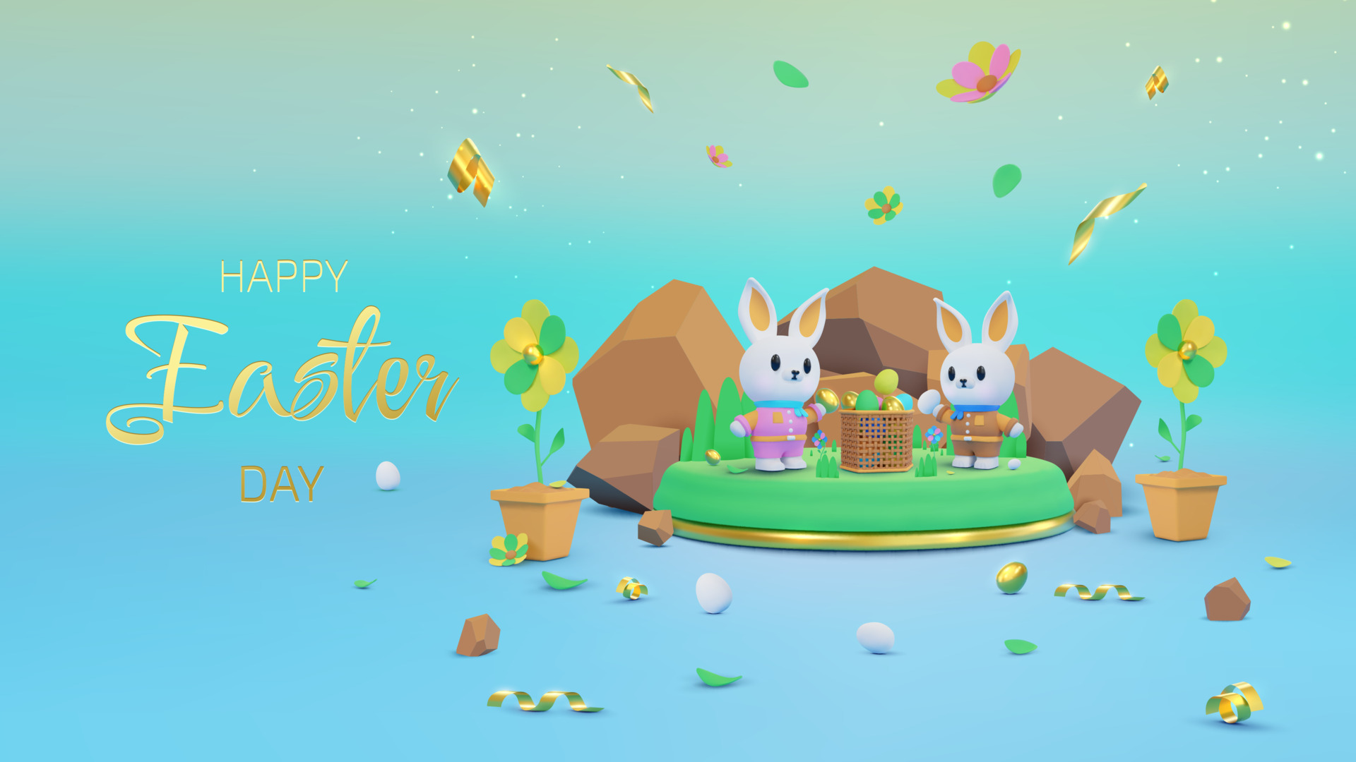 Colorful Easter background with two cute bunny elements standing on