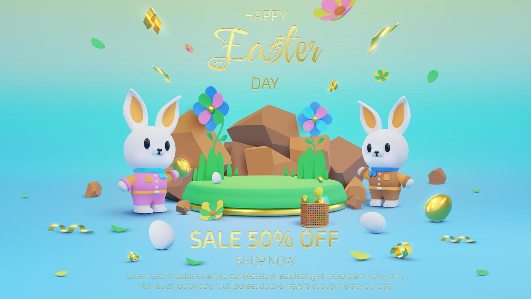 Colorful easter background with product display stand and two cute bunnies decorated with gold eggs and ribbons. Vector illustration.