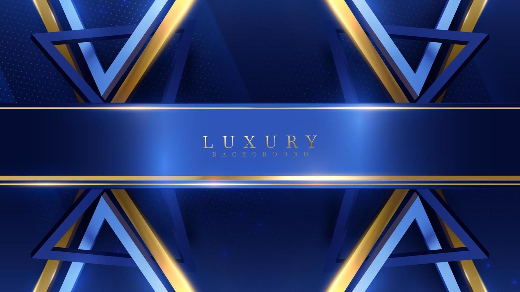 Blue luxury background with gold triangle frame decoration and light effect with bokeh elements. vector