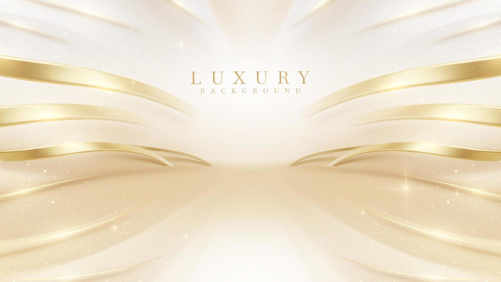 Luxury cream color background with golden line elements and curve light effect decoration and bokeh. vector