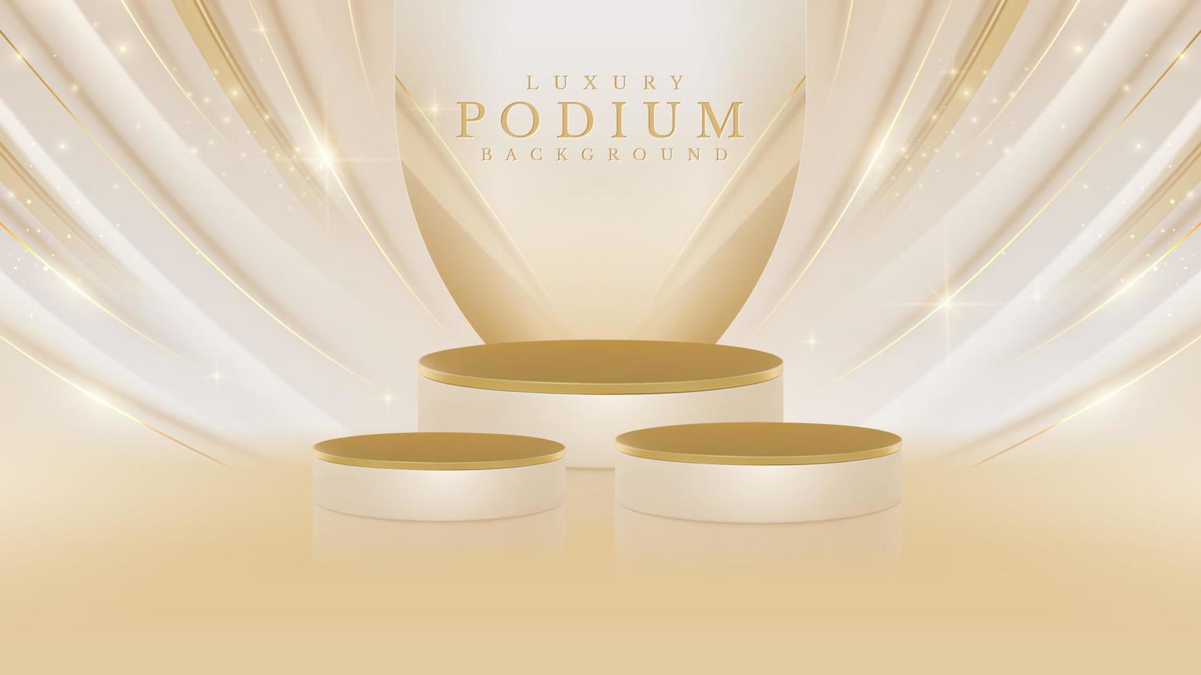 Product display podium with golden curve line element and glitter light effects decorations and bokeh. 3d realistic luxury background. Vector illustration.