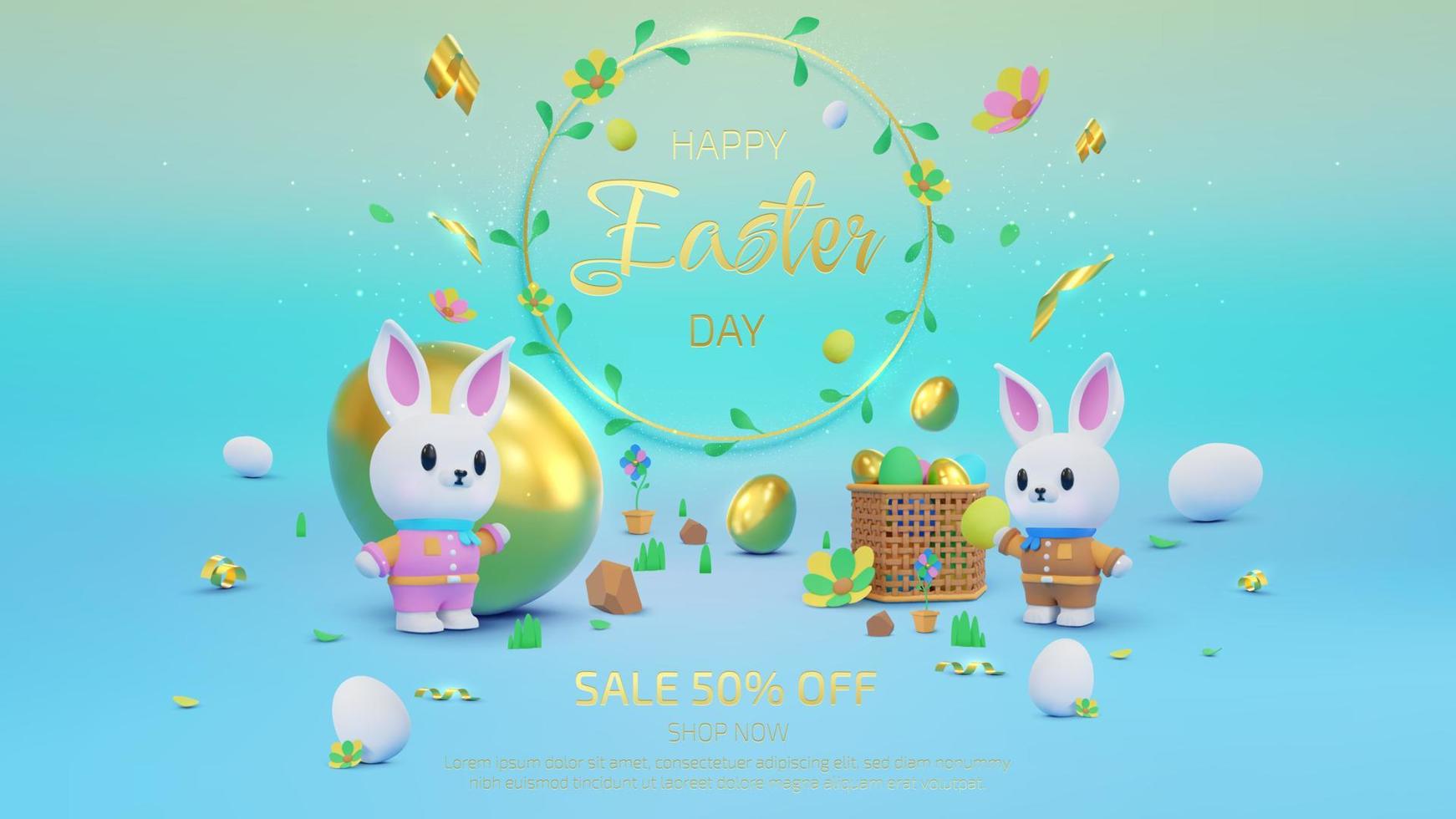 Colorful background with cute realistic Easter ornaments and empty space for product promotion. Vector illustration.