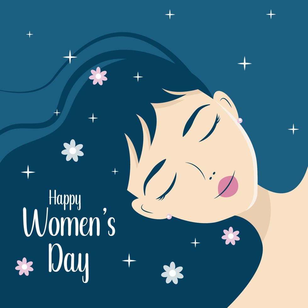 Banner poster for International Women's Day March 8. Gift card with a cartoon character - a girl with closed eyes and flowers. vector