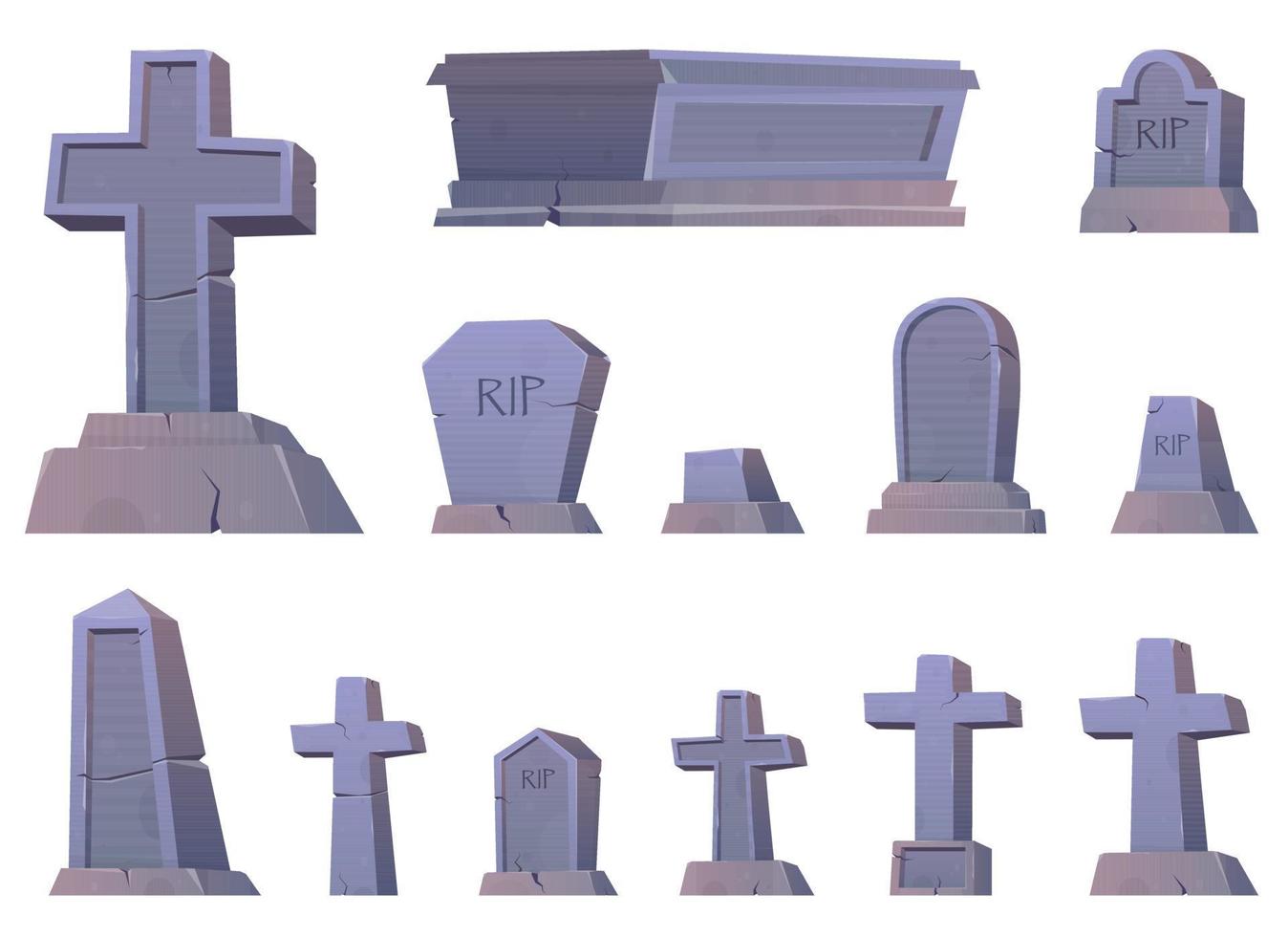 Gothic tombstones and stone crosses. Cemetery crosses, tomb mausoleum, pillar and ancient memorials with cracks vector