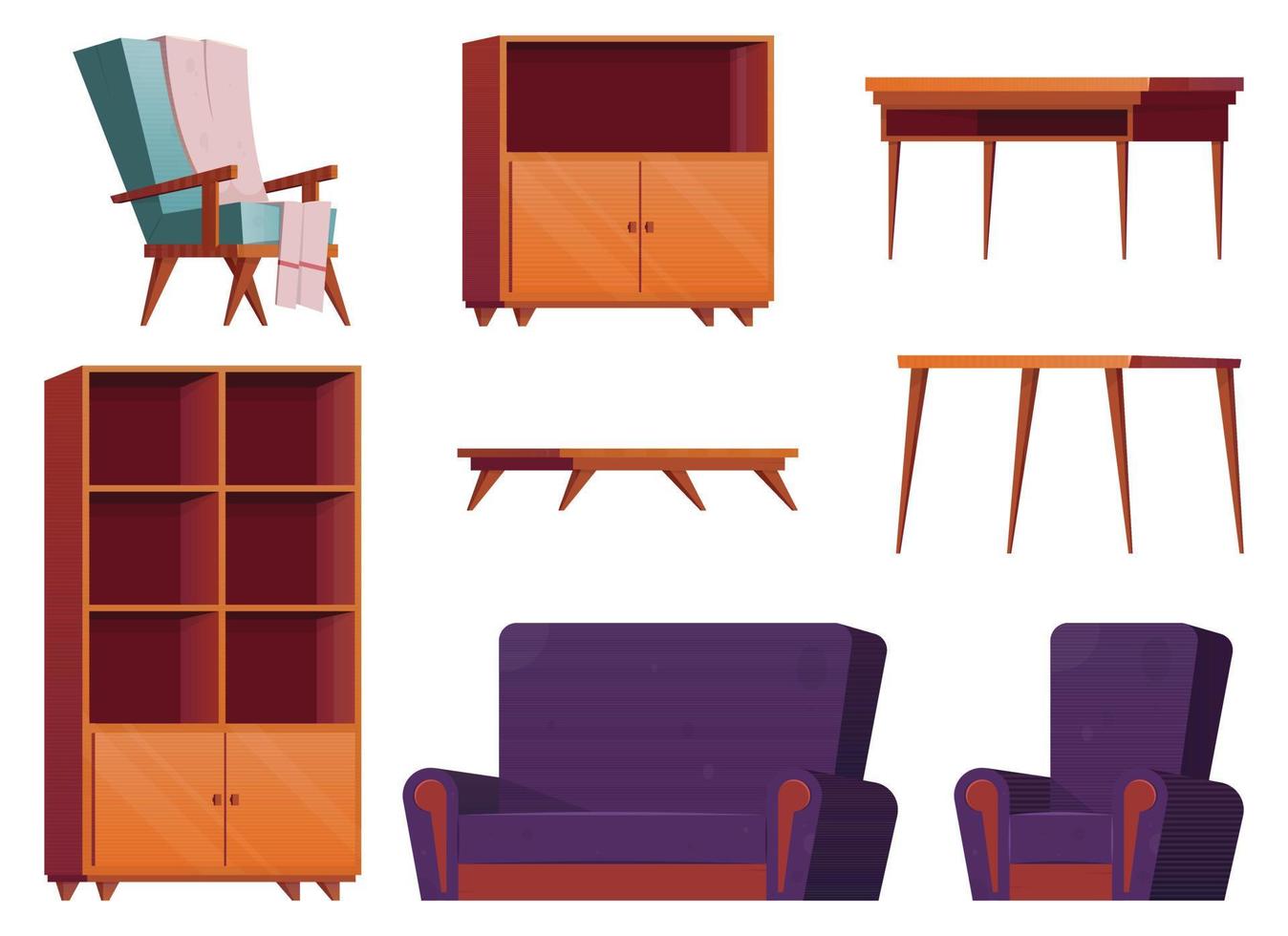 mueble artículos en dibujos animados estilo. colección de de madera armario, silla, mesa, escritorio y Sillón vector ilustración aislado en blanco