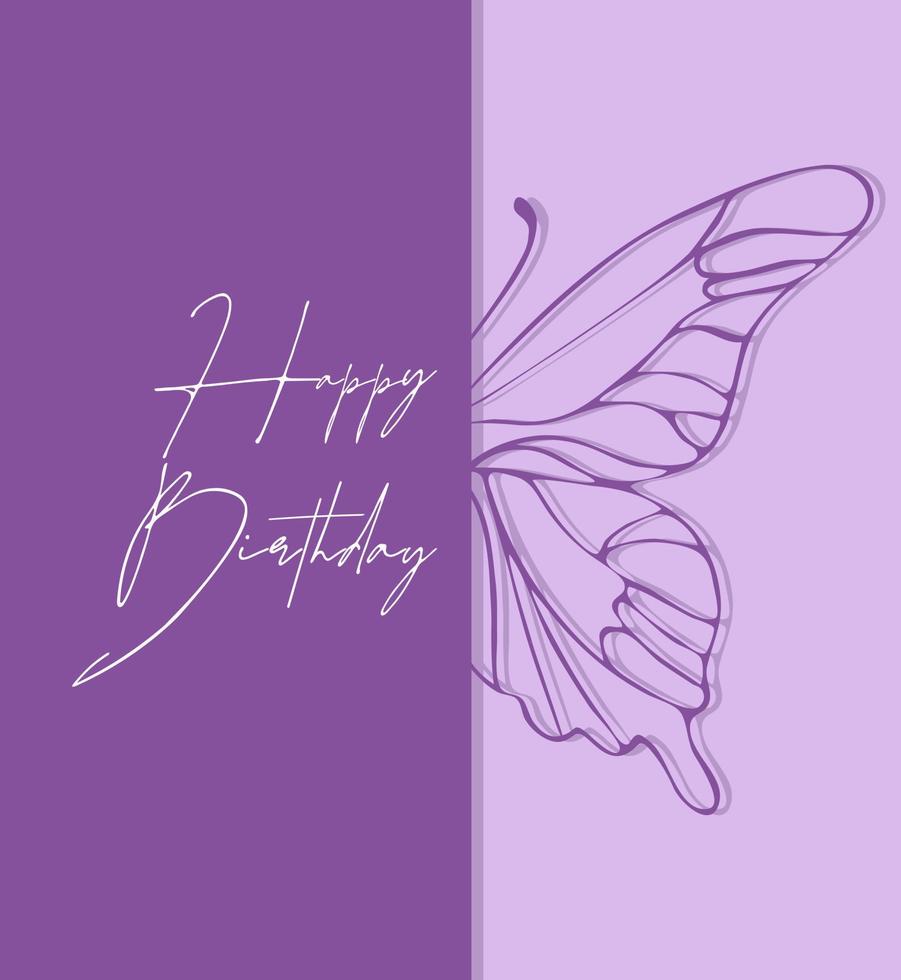 Happy Birthday card with butterfly silhouette, lilac and purple colors. vector