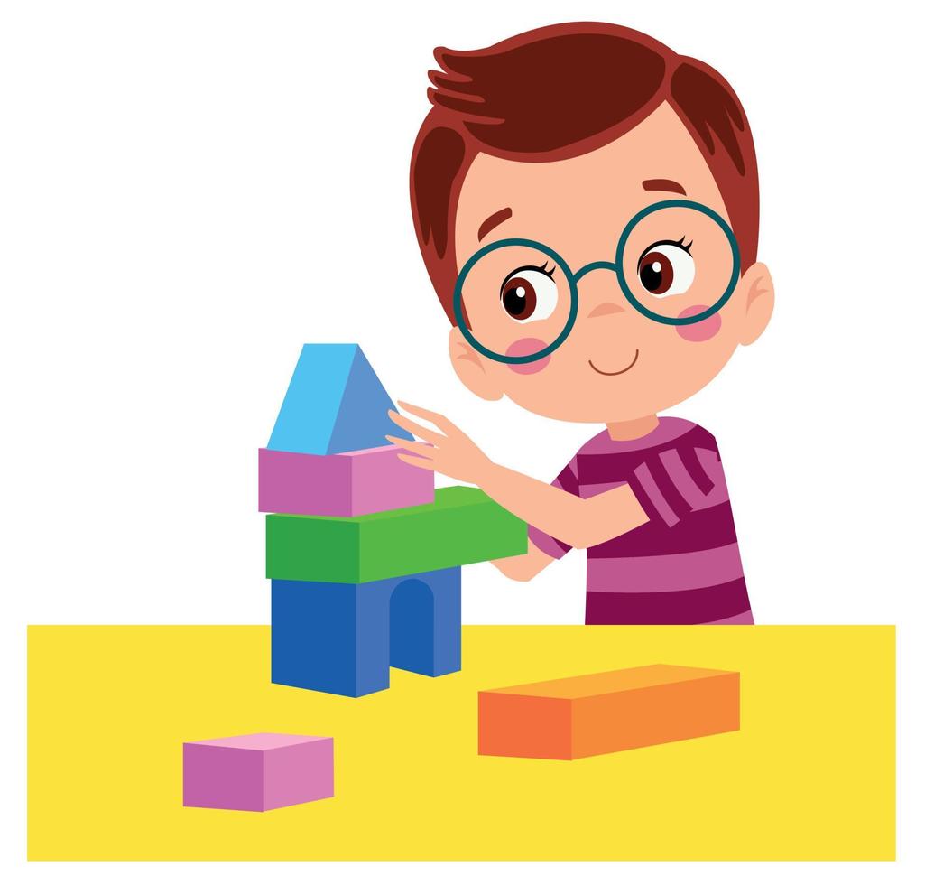 Vector Illustration Of Kid Playing With Building Blocks