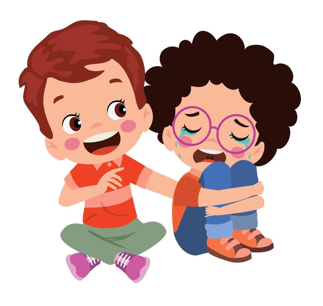 Vector illustration cartoon of little boy consoling his crying friend