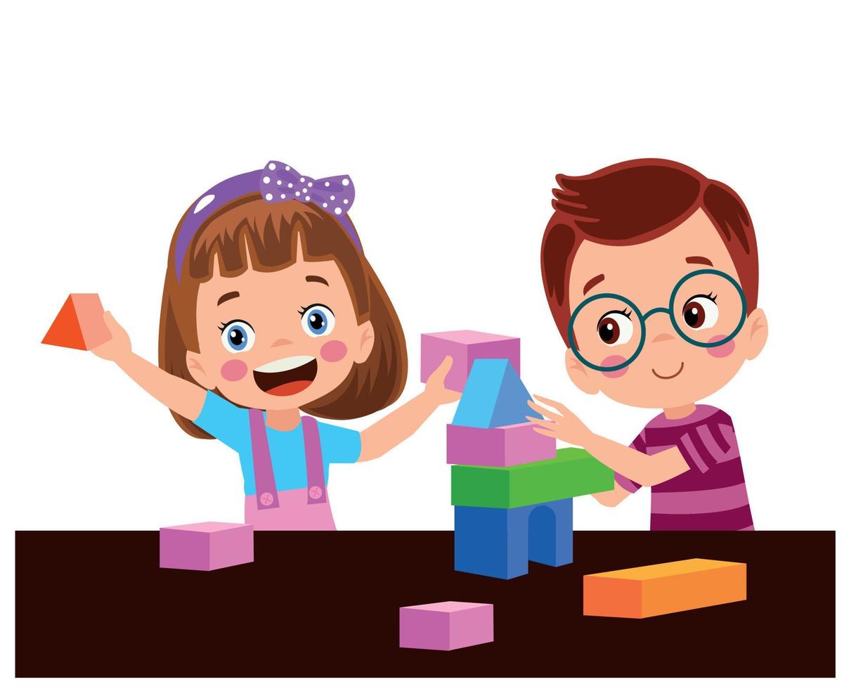 Vector Illustration Of Kid Playing With Building Blocks