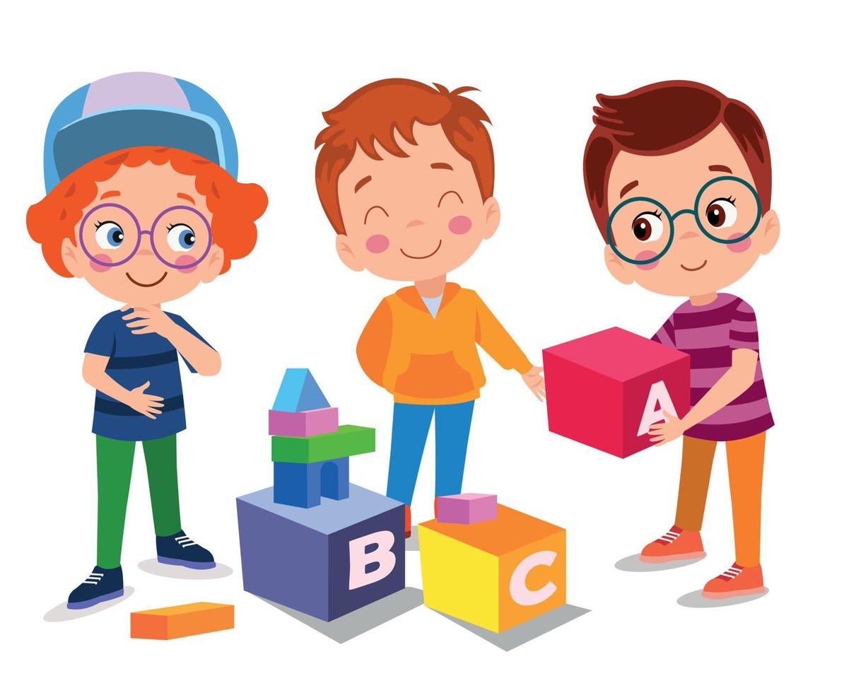 Vector Illustration Of Kid Playing With Building Blocks