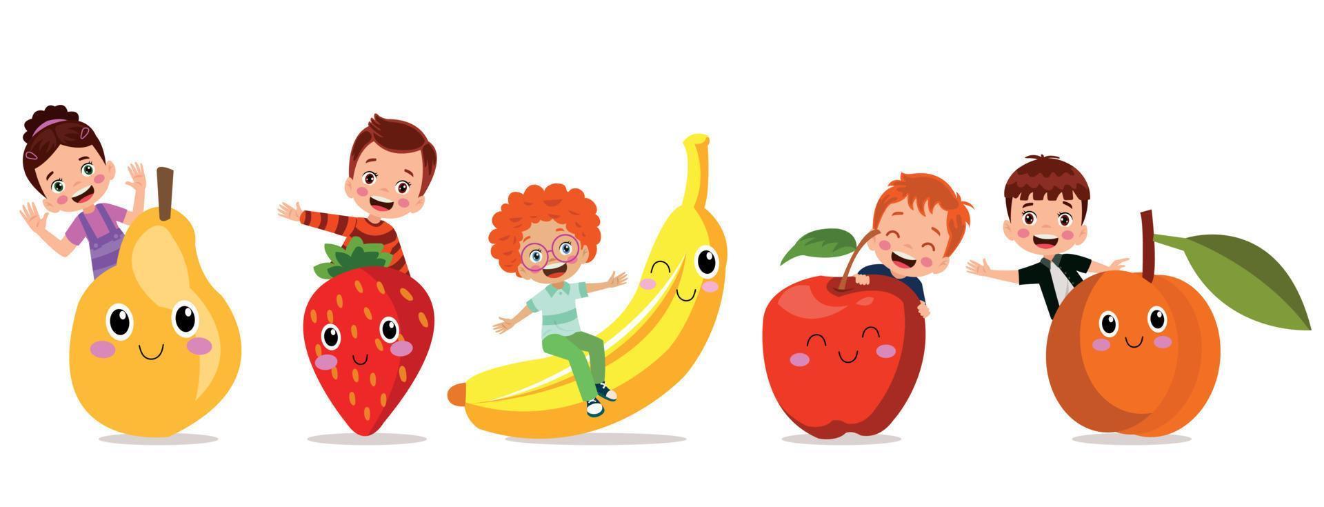 gracioso plano dibujos animados contento sabroso frutas y niños íconos acortar Arte vector ilustración