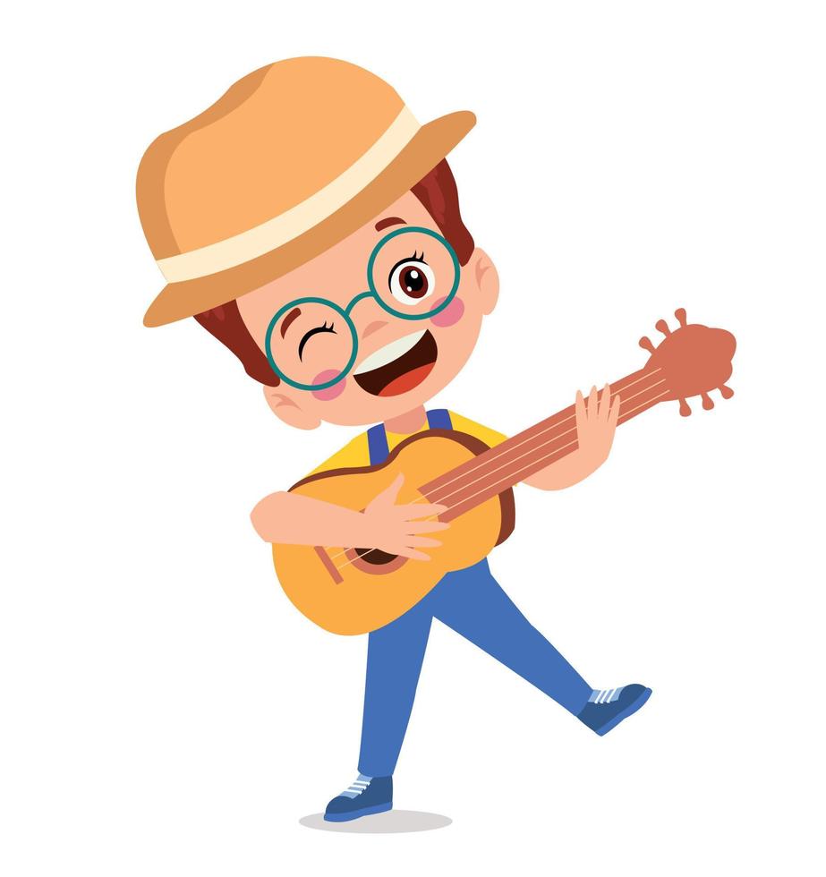 Little boy with guitar. Boy playing guitar. Child playing musical instrument vector