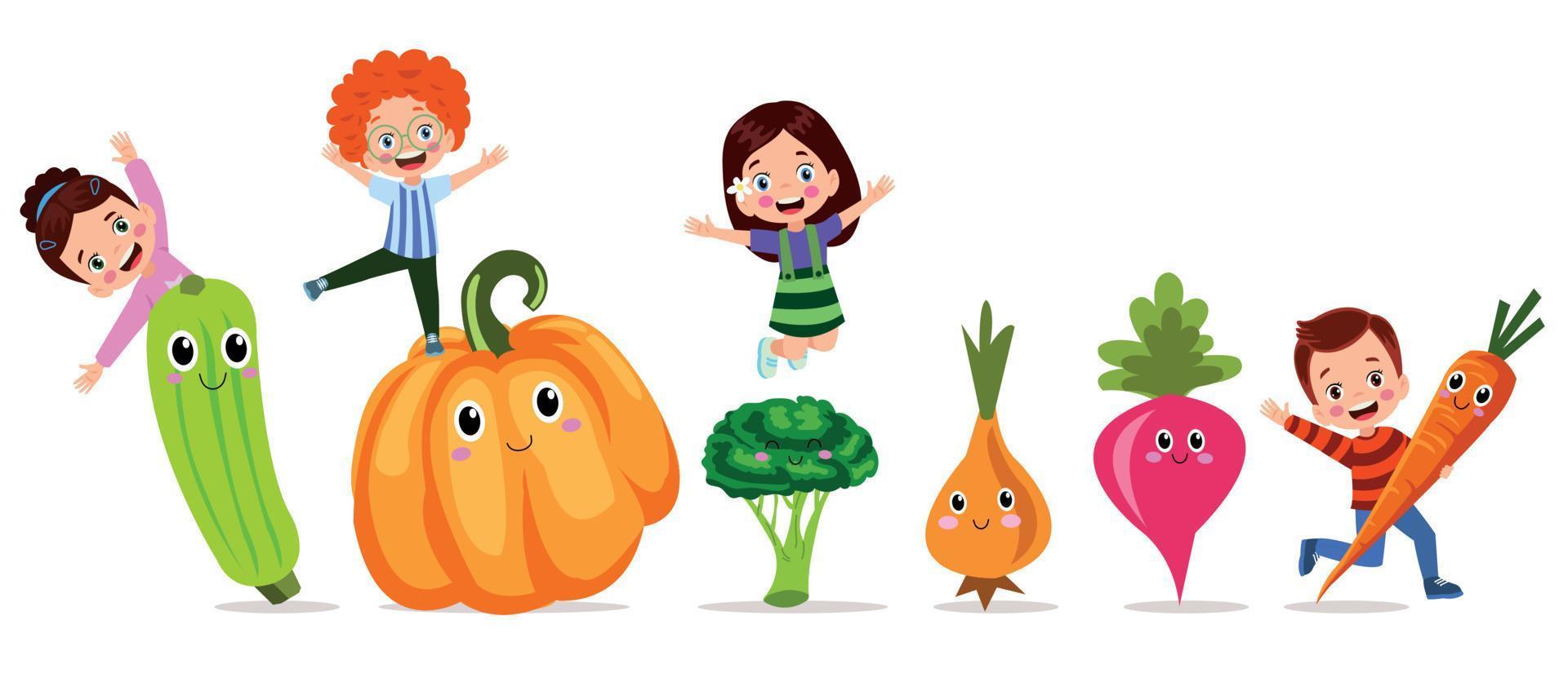 Funny Cartoon Characters. Cute Vegetables and kids Vector Set