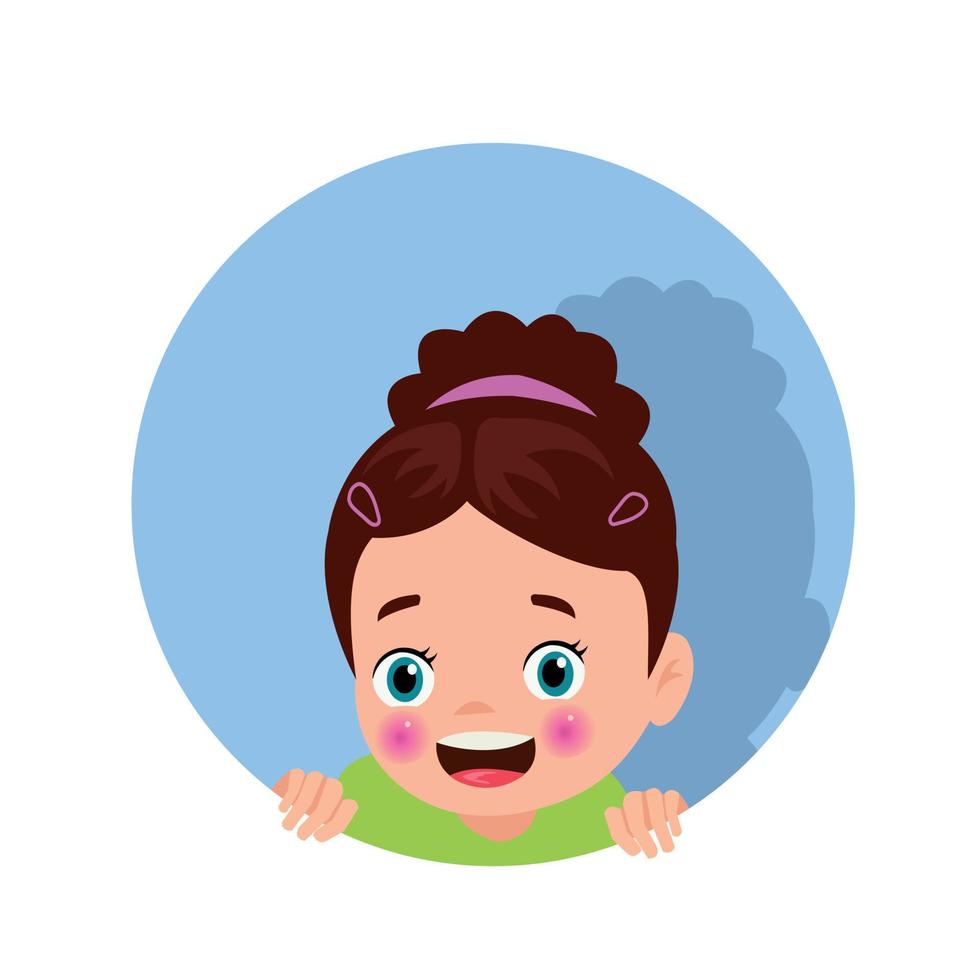 Little girl with a green shirt on looking over a blue circle vector